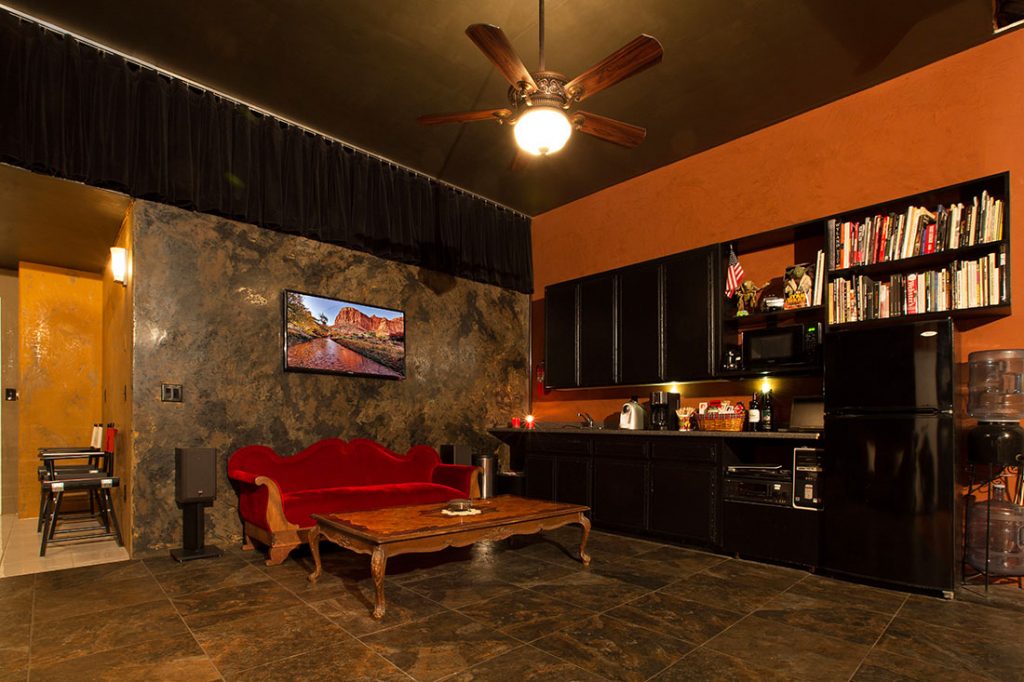 Kitchen and Lounge Area with velvet couch and internet TV at rental photo studios